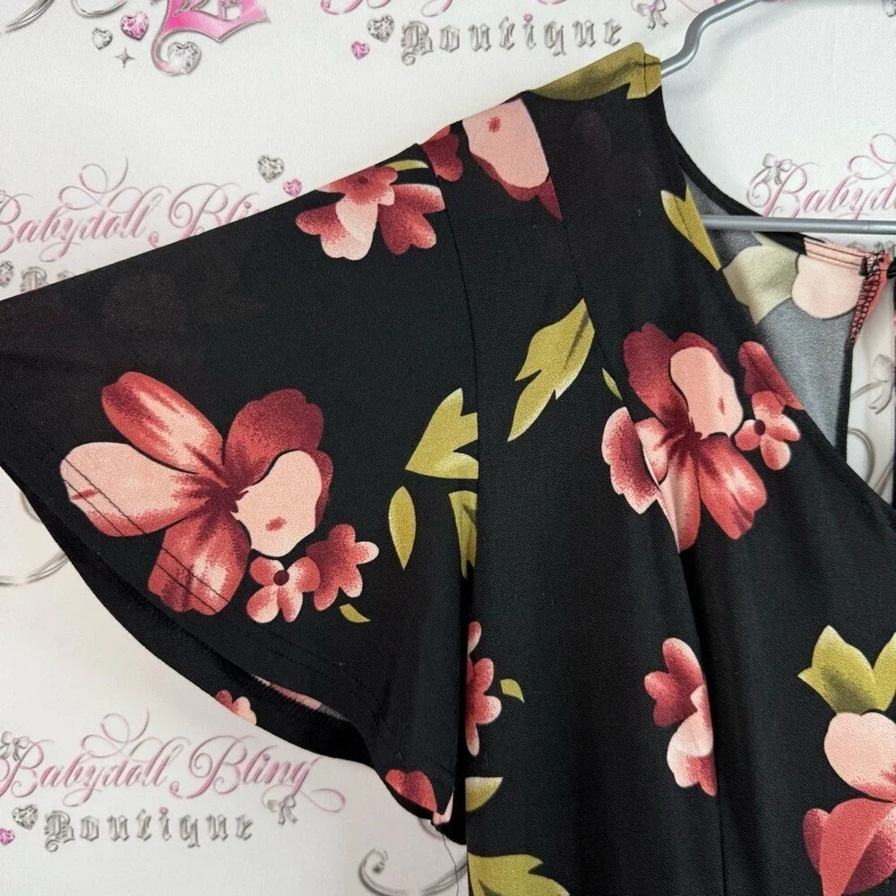 YOINS pants suit jumper romper flowy ruffle sleeve Black Pink Floral Jumpsuit